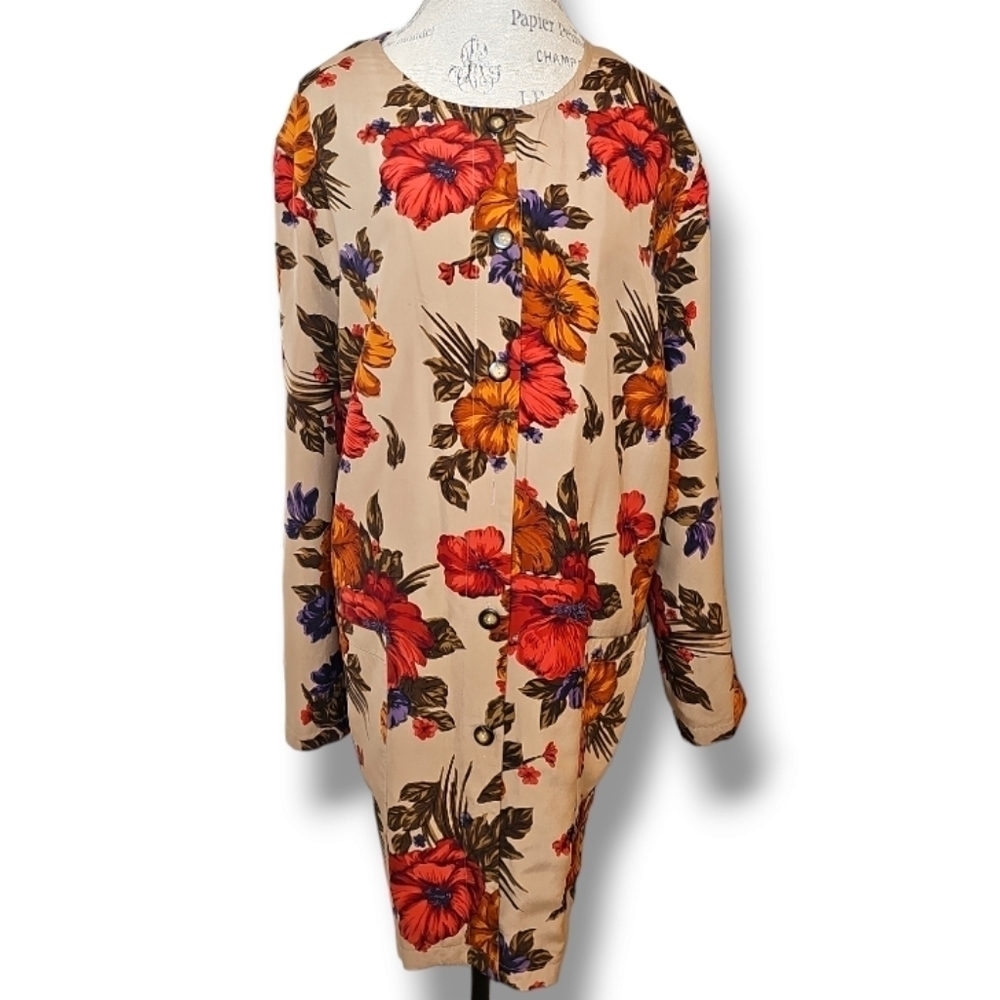 Studio 3000 Vintage Beige & Orange Floral Silk Button-Down Jacket - Size 3X - Picture 2 of 9